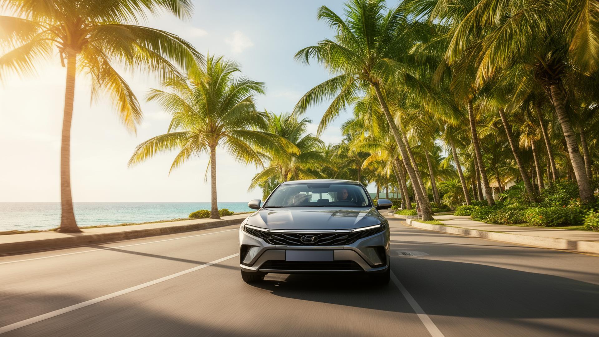 Modern car driving down a palm tree lined coastal road in Jamaica